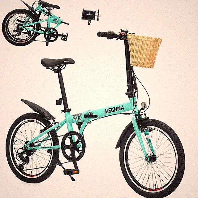 MEGHNA 20 Inch 6-Speed Folding Bike, Includes Phone Holder, Fenders & Front Bask